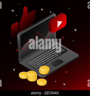 Monetization with Video in Social Media. Red icon, coins and laptop. Blogging Illustration. Vector illustration Stock Vector