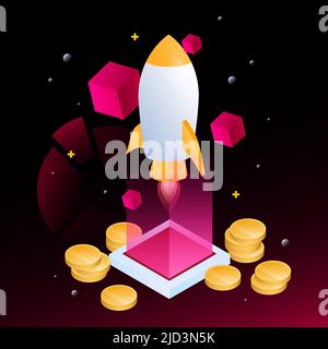 Crypto Rocket Illustration. Isometric Cubes and Coins on Dark Background. Vector illustration Stock Vector