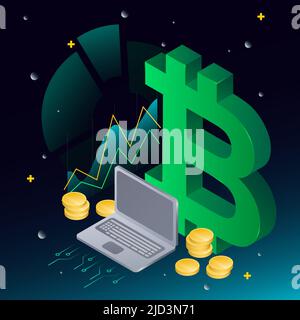 Green Cryptocurrency Illustration. Laptop, Graph, Coins in Gradient Background. Vector illustration Stock Vector