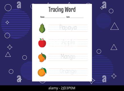 Word tracing worksheets for kids. Letters trace exercises for kids Stock Vector