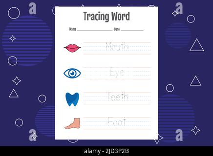 Word tracing worksheets for kids. Letters trace exercises for kids Stock Vector