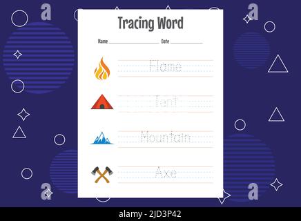 Word tracing worksheets for kids. Letters trace exercises for kids Stock Vector