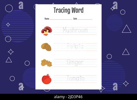 Word tracing worksheets for kids. Letters trace exercises for kids Stock Vector