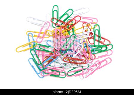 Colored paper clips on a white background Stock Photo