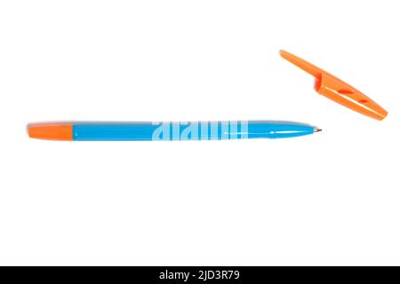 Ballpoint pen with open cap white background Stock Photo