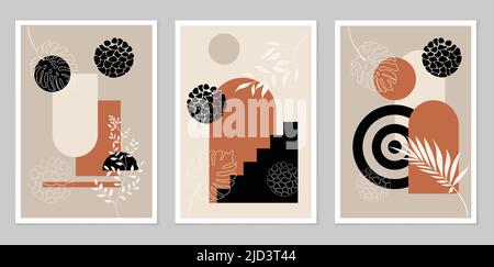 A set of Abstract hand-painted Illustrations for wall decoration. Boho style. Postcards, banners on social networks. The background of the brochure co Stock Vector