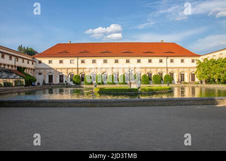 Wallenstein Palace is a Baroque palace in Prague, that served as a residence for Imperial Generalissimo Albrecht and now houses the Senate of the Czec Stock Photo