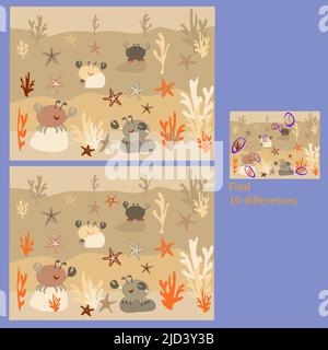 in the rebus for children up to 6 years old marine life find 10 differences Stock Vector