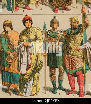 Byzantines (700-1000). From left to right, 10: Working clothes. Cap, 11: Main person's female costume, 12: More modern warrior outfit, 13: Chief warrior or king outfit. Chromolithography. 'Historia Universal,' (Universal History) by César Cantú. Volume IV. Published in Barcelona, 1881. Stock Photo