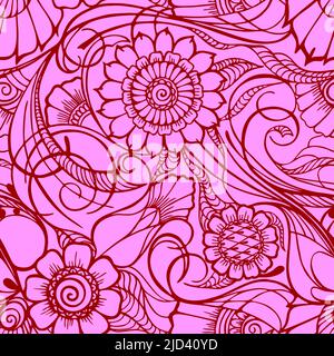 seamless floral pattern, oriental motifs, contour burgundy floral pattern on a pink background, texture, background Stock Vector