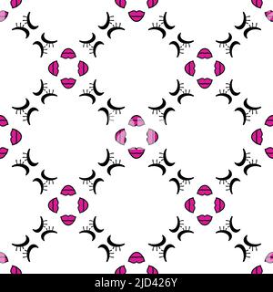 Pink lips and black eyelashes on white square repeating seamless pattern. Wallpaper, fabric, home decor. Stock Photo