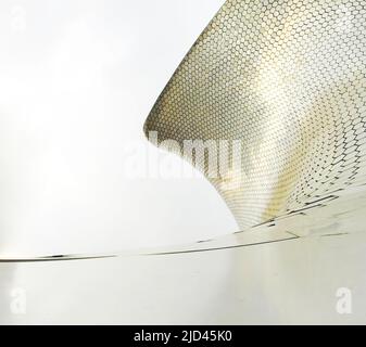 Architecture, reflective hexagonal skin in an organic way with the cloudy sky in the background Stock Photo