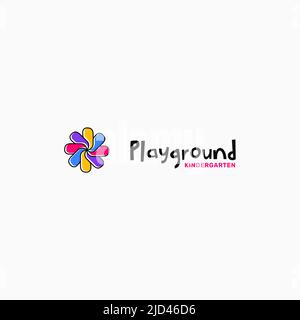 Fun children's playground logo template. Kindergarten logo. Illustration of a windmill logo for kids. Stock Vector