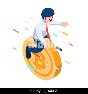 Flat 3d Isometric Businessman Riding Flying Bitcoin. Bitcoin and Cryptocurrency Concept. Stock Vector