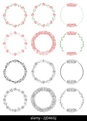 Set of simple vector Floral wreaths with pastel colored rose flowers and leaves. Stock Vector