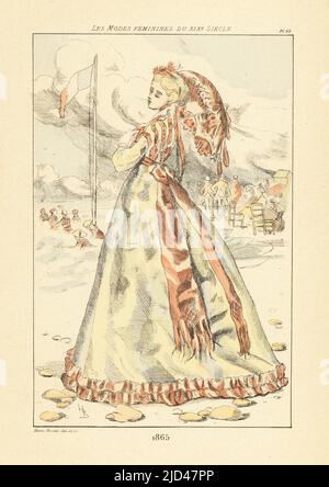 Fashionable woman with parasol promenading at the seaside, 1865. In the background, swimmers swim in the sea under a tricolor flag, and vacationers sit on chairs on the beach. Handcoloured drypoint or pointe-seche etching by Henri Boutet from Les Modes Feminines du XIXeme Siecle (Female Fashions of the 19th Century), Ernest Flammarion, Paris, 1902. Boutet (1851-1919) was a French artist, engraver, lithographer and designer. Stock Photo