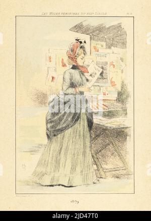 Fashionable woman looking at prints and magazines at a bouquiniste or book stall on the banks of the River Seine, Paris, 1879. Handcoloured drypoint or pointe-seche etching by Henri Boutet from Les Modes Feminines du XIXeme Siecle (Female Fashions of the 19th Century), Ernest Flammarion, Paris, 1902. Boutet (1851-1919) was a French artist, engraver, lithographer and designer. Stock Photo