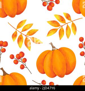 Hand drawn seamless pattern with fall autumn leaf leaves berry berries, maple oak acorn. Natural wild forest wood woodland background in red orange yellow. Vintage fabric print Stock Photo