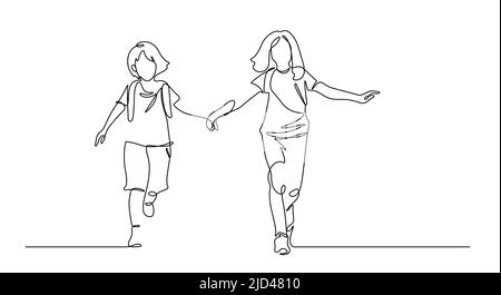 one line drawing of friend enjoy school by holding hands running : back to school concept vector illustration Stock Vector
