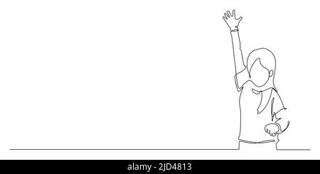 continuous line drawing of happiness girl student hand up volunteer : back to school concept vector illustration Stock Vector