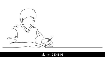 one line drawing of happiness boy student writing : back to school concept vector illustration Stock Vector