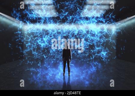 Future technology and cyberspace concept with back view on human silhouette in front of abstract digital metaverse screen on dark background with glow Stock Photo