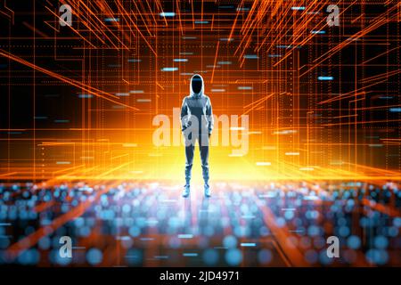 Darknet and cyber security concept with anonymous person on abstract digital bright background Stock Photo