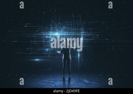 Working and surfing in virtual reality and cyber space concept with back view on human in sport suit looking at digital display with crossing virtual Stock Photo