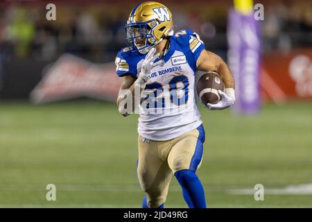 Winnipeg Blue Bombers' Greg McCrae (29) and Brady Oliveira (20) celebrate  Oliveira‚Äôs touchdown against the Edmonton Elks during first half CFL  action in Winnipeg on October 8, 2022. Oliveira will make his