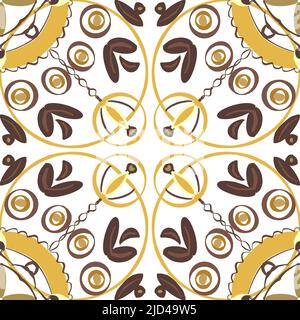 Hand painted mandala style in brown and yellow seamless surface pattern repeat. Stock Photo