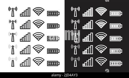 Wifi network battery level mobile phone icons set on black and white backgrounds. Stock Vector