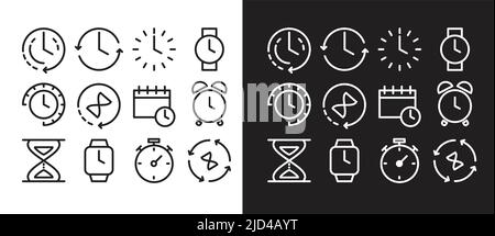 Clock time symbol vector icon set isolated on black and white backgrounds Stock Vector