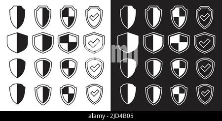 Protective shield icons vector set on white and black backgrounds Stock Vector