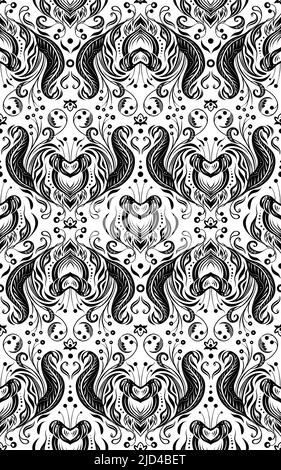 Vector monochrome seamless pattern with silhouetted Victorian ornament. Vintage damask in black and white. Luxury floral texture with foliage Stock Vector
