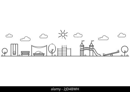 Childrens playground with swings, sandbox and bench in park. Entertainment in kids area. Outline city landscape. Vector Stock Vector