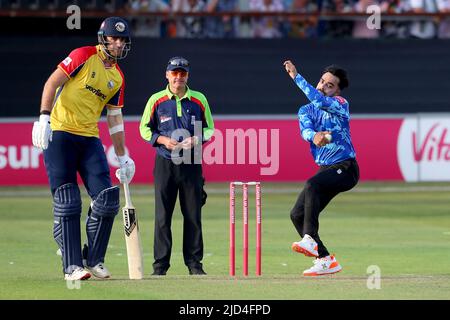 Rashid Khan in bowling action for Sussex during Essex Eagles vs Sussex Sharks, Vitality Blast T20 Cricket at The Cloud County Ground on 17th June 2022 Stock Photo