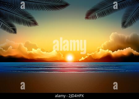 colorful sky and cloud with a sunrise background on the beach and a silhouette of a coconut leaf Stock Vector