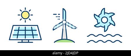 Sustainable energy sources line icons. Solar panel, windmill, water power. Clean energy concept. Alternative energy color set. Eco friendly power Stock Vector