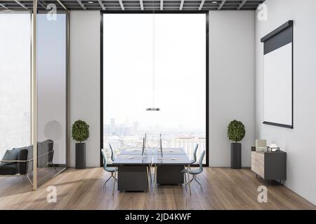 Sunny spacious coworking area in modern interior design office with wooden floor, dark furniture for work places and megapolis city view from huge win Stock Photo