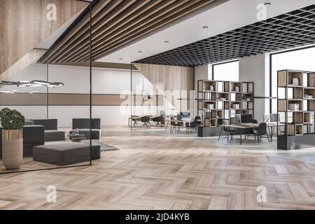 Stylish spacious office hall with waiting area, stylish wooden decoration, shelves and floor, big windows and dark modern furniture and chairs. 3D ren Stock Photo
