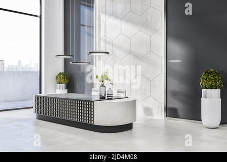 Side view on reception area in sunny business center hall with monochrome details, modern design table, city view from big window and marble floor. 3D Stock Photo