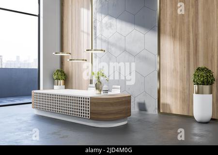 Side view on reception area in sunny business center hall with wooden details, modern design table, city view from big window and dark concrete floor. Stock Photo