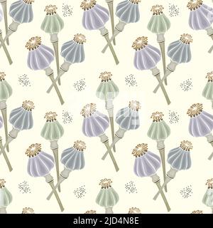 Pattern poppy seed pods, stylized hand drawn doodle, no outline. Vector illustration Stock Vector