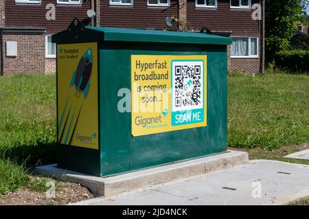 Giganet fibre broadband internet web engineers green box or street cabinet, Hampshire, England, UK Stock Photo