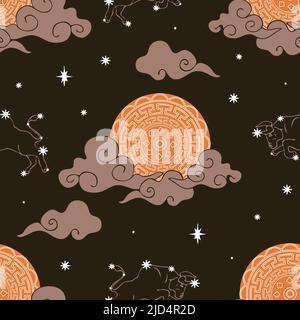 Seamless vector pattern with moon and stars on dark brown background. Zodiac Taurus sky wallpaper design. Astronomy fashion textile. Stock Vector