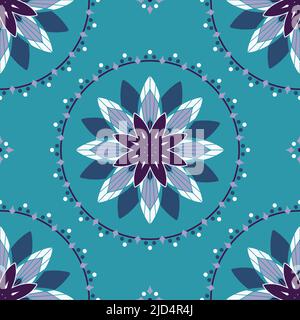 Seamless vector pattern with blue flower bloom on teal background. Simple floral circle wallpaper design. Decorative vintage fashion textile. Stock Vector