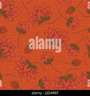 Seamless vector pattern with lotus flower on orange background. Textured floral wallpaper design. Pink flower fashion textile. Stock Vector