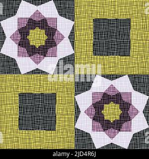 Seamless vector pattern with textured patchwork on black background. Decorative floral quilt wallpaper design. Artistic square fashion textile. Stock Vector