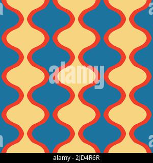 Seamless vector pattern with curved lines on blue background. Abstract retro wallpaper design with contrast colours. Stock Vector