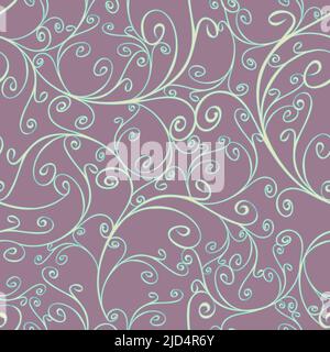Seamless vector pattern with curved lines on purple background. Romantic  floral wallpaper texture. Stock Vector